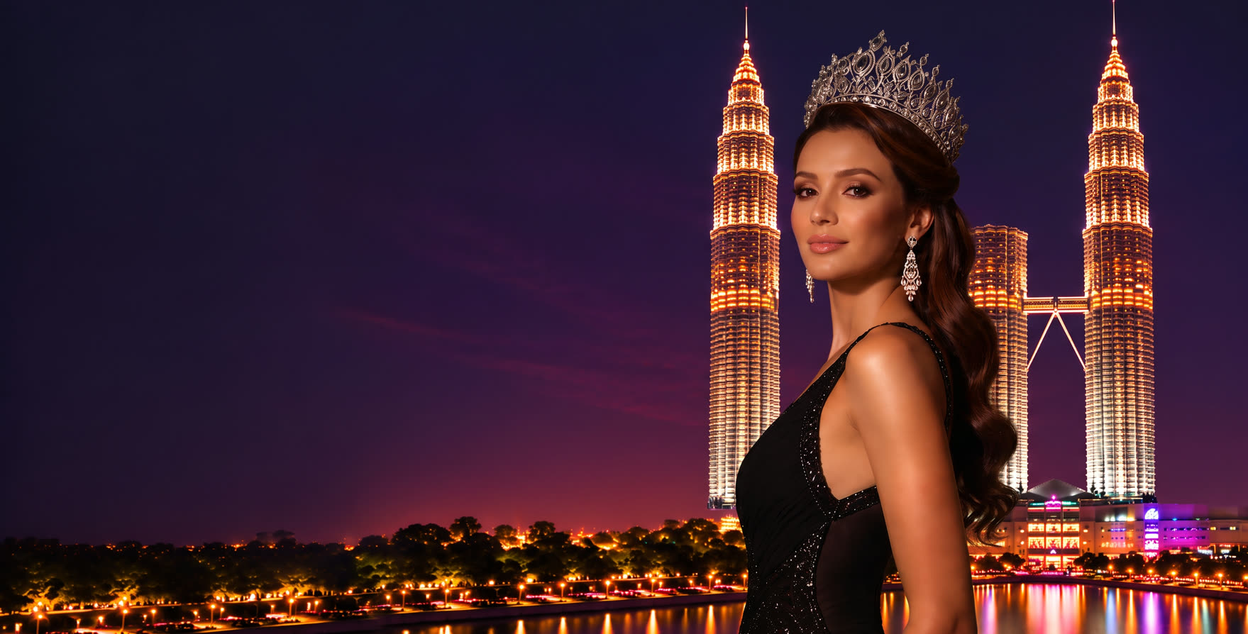 A crowned beauty queen in front of the Kuala Lumpur skyline at night